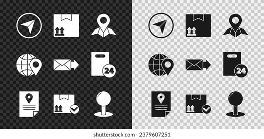 Set Infographic of city map navigation, Cardboard box with traffic symbol, Placeholder paper, Document tracking marker system, Package check, Push pin, Location the globe and Envelope icon. Vector