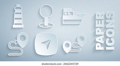 Establecer la infografía de la navegación del mapa de la ciudad, la ruta del buque, la ubicación de la ruta, el pin de empuje y el icono del faro. Vector