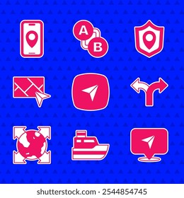 Set Infographic of city map navigation, Ship line path, Road traffic sign, World globe with compass, City, Location shield and  icon. Vector