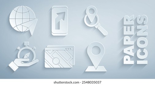 Set Infographic of city map navigation, Search location, Compass, Location, City and Globe with flying plane icon. Vector