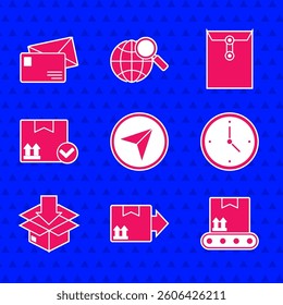 Set Infographic of city map navigation, Cardboard box with traffic symbol, Conveyor belt cardboard, Fast time delivery, Package check mark, Envelope and  icon. Vector