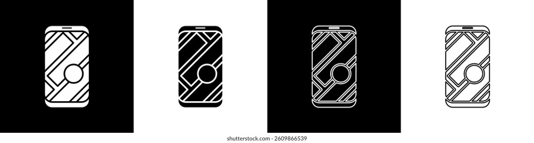 Set Infographic of city map navigation icon isolated on black and white background. Mobile App Interface concept design. Geolacation concept.  Vector Illustration
