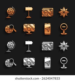 Set Infographic of city map navigation, Wind rose, Stop sign, City, Magnifying glass with globe, Earth and Road traffic icon. Vector