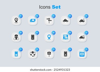 Set Infographic of city map, Taxi mobile app, Stacks paper money cash, Taximeter device, Location with star and taxi car icon. Vector