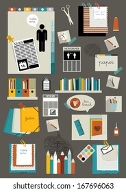 Set of infographic collection. Color web page or blog elements, folder, color paper stickers, cardboard, text messages, books,graphs and notices. 