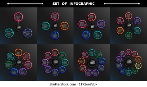 Set of infographic with colorful circles. Business concept. 3,4,5,6,7,8,9,10 options, parts, steps. Can be used for graph, diagram, chart, workflow layout, number options, web. Vector illustration.