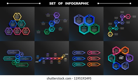 Set of infographic with colorful hexagons. Business concept. 4,5,6,7 options, parts, steps. Can be used for graph, diagram, chart, workflow layout, number options, web. Vector illustration.