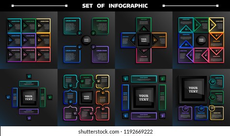 Set of infographic with colorful squares. Business concept. 3,5,8,9 options, parts, steps. Can be used for graph, diagram, chart, workflow layout, number options, web. Vector illustration.