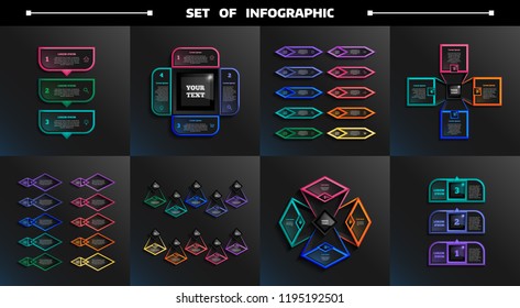 Set of infographic with colorful squares. Business concept. 3,4,10 options, parts, steps. Can be used for graph, diagram, chart, workflow layout, number options, web. Vector illustration.
