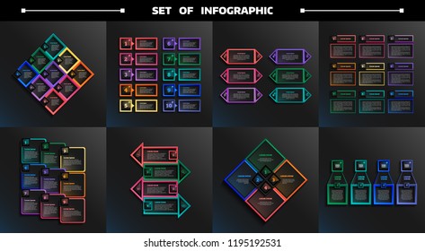 Set of  infographic with colorful squares. Business concept. 4,6,9,10 options, parts, steps. Can be used for graph, diagram, chart, workflow layout, number options, web. Vector illustration.