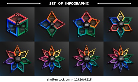 Set of infographic with colorful stars. Business concept. 3,4,5,6,7,8,9,10 options, parts, steps. Can be used for graph, diagram, chart, workflow layout, number options, web. Vector illustration.