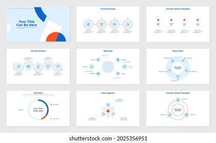 Set of infographic corporate presentation pages - Venn diagram, progress bar with circular elements, pie chart, round mind map. Modern infographic design template. Simple flat vector illustration.