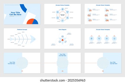 Set of infographic corporate presentation slides - fishbone chart, Venn diagram, graph with circular elements to choose. Modern infographic design template. Simple flat vector illustration for report.