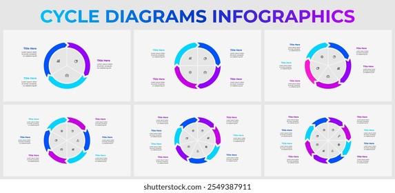 Set of infographic cycle diagrams with 3, 4, 5, 6, 7 and 8 options, steps or processes. Round pie diagrams with arrows