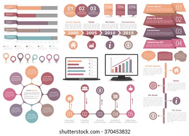 Set of infographic design elements - bar graphs, map markers, circle diagram, speech bubbles, timeline, objects with steps or options, computer and laptop, vector eps10 illustration