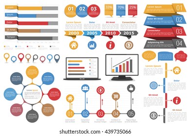 Set of infographic design elements - bar graphs, map markers, circle diagram, speech bubbles, timeline, objects with steps or options, computer and laptop, vector eps10 illustration