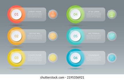 Set of infographic design elements with glass effect. Abstract template with 6 numbered steps, options with place for text and icons. Vector background