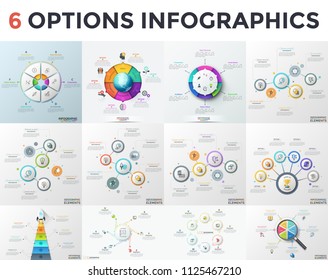 Set of infographic design layouts with 6 elements. Round diagrams, workflow and flowcharts with six options or steps, thin line icons and place for text. Vector illustration for presentation.