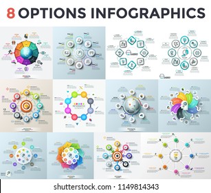 Set of infographic design layouts with 8 elements. Round diagrams with eight options or steps and arrows, thin line icons and place for text. Vector illustration for presentation, pitch deck.