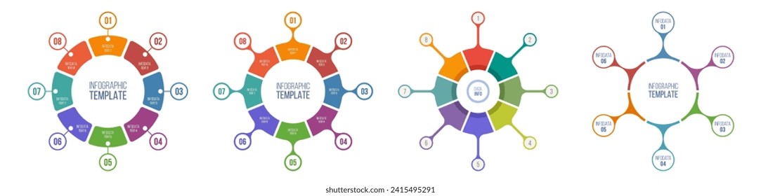 Set of infographic design templates with 8 options, steps or parts. Vector different colors templates. Business concept. Flat design vector illustration for business presentation.