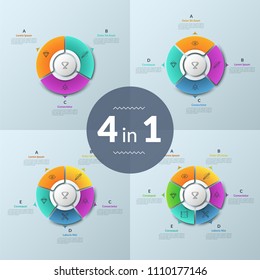 Set of infographic design templates. Circular paper white elements or buttons divided into parts with linear pictograms inside and arrows pointing at text boxes. Vector illustration for web interface.