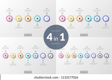 Set of infographic design templates. Paper white circles with colorful frames and flat icons inside placed in horizontal row and connected into chain. Unique vector illustration for presentation.