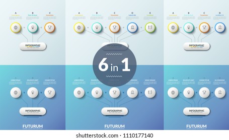 Set of infographic design templates. Paper white circles with linear icons inside connected to main rounded elements, place for text. Clean vector illustration for business presentation, brochure.