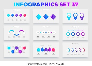 A set of infographic designs highlighting distinct process workflows with colorful modern elements. Great for business presentation visuals and data representation needs