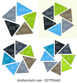 Set of infographic diagrams with triangle parts and rounded corners. Circular connected charts with 5, 6, 7, 8 options. Progress steps for tutorial. Business concept sequence banners, process layouts.