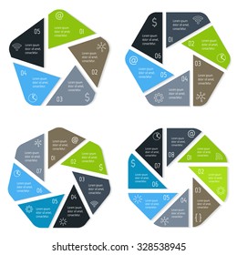 Set of infographic diagrams with triangle parts and rounded corners. Circular connected charts with 5, 6, 7, 8 options. Progress steps for tutorial. Business concept sequence banners, process layouts.