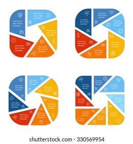 Set of infographic diagrams with triangle parts and rounded corners. Square connected charts with 5, 6, 7, 8 options. Progress steps for tutorial. Business concept sequence banners, process layouts.