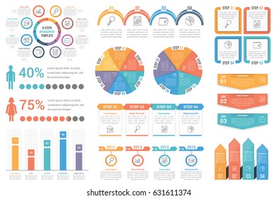 Conjunto de elemento infográfico - diagramas de círculo, linha do tempo, etapas e opções, processo, fluxo de trabalho, ilustração vetorial eps10