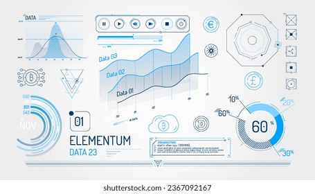 Conjunto de elementos infográficos sobre criptodivisa y administración de datos financieros.