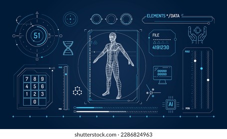 Conjunto de elementos infográficos sobre investigación del ADN y tecnologías digitales.