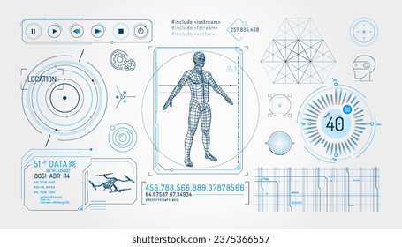 Conjunto de elementos infográficos sobre control de drones y realidad aumentada.