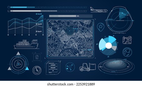 Set of infographic elements about geolocation and cargo transportation.