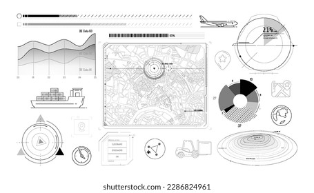 Set of infographic elements about geolocation and cargo transportation.