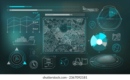 Conjunto de elementos infográficos sobre geolocalización y transporte de carga.