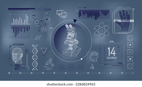 Set of infographic elements about microscopy and biomedical research.