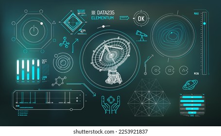 Conjunto de elementos infográficos sobre radioastronomía y observación espacial.