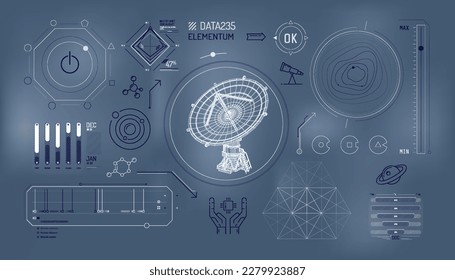 Set of infographic elements about radio astronomy and space observation.