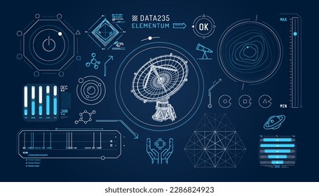 Set of infographic elements about radio astronomy and space observation.