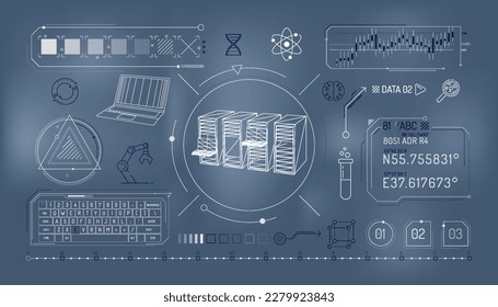 Conjunto de elementos infográficos sobre el almacenamiento de datos científicos.