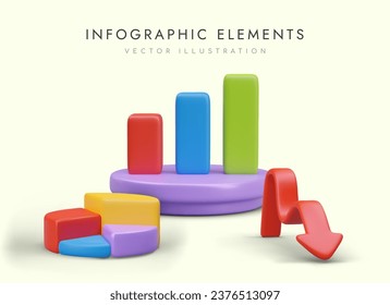 Set of infographic elements. Arrow, pie chart bar graph on podium. Color statistics. Profit, business development. Investment. Visualization of reporting