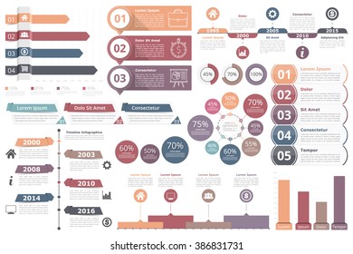 Set of infographic elements - bar graphs, timelines, circle diagram, flowchart, objects with percents, numbers, text and icons, business infographics, vector eps10 illustration