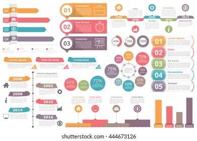 Set of infographic elements - bar graphs, timelines, circle diagram, flowchart, objects with percents, numbers, text and icons, business infographics, vector eps10 illustration