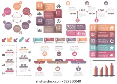 Conjunto de elementos infográficos: diagrama de círculo, líneas de tiempo, flechas, diagrama con porcentajes, gráfico de barras, objetos con números (pasos o opciones) y texto, ilustración de vectores10