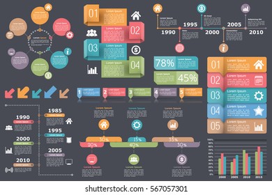 Set of infographic elements - circle diagram, timelines, arrows, diagram with percents, bar graph, objects with numbers (steps or options) and text, vector eps10 illustration