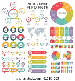 Set of infographic elements . Circle, pie chart, world map, arrow, timeline, pointer, text bubble, diagram, graph vector templates.