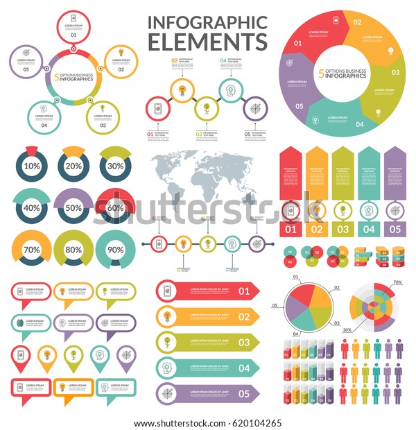 インフォグラフィックエレメントのセット 円 円グラフ ワールドマップ 矢印 タイムライン ポインタ テキスト バブル 図 グラフ ベクター画像テンプレート のベクター画像素材 ロイヤリティフリー